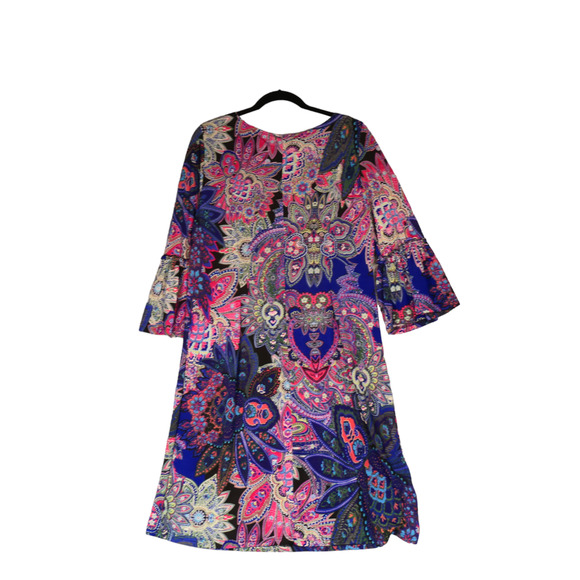 Reborn Sheath Dress Womens Large Blue Purple Multi Floral Flare Sleeves Boho - Picture 5 of 11